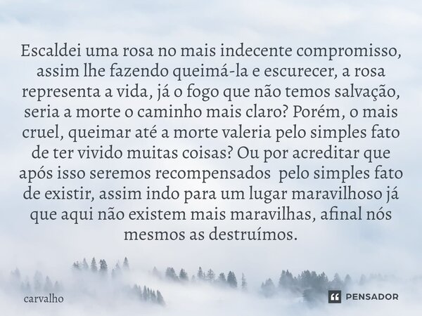 ⁠Escaldei uma rosa no mais indecente compromisso, assim lhe fazendo queimá-la e escurecer, a rosa representa a vida, já o fogo que não temos salvação, seria a m... Frase de Carvalho.