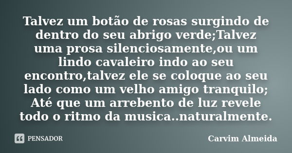 Talvez um botão de rosas surgindo de dentro do seu abrigo verde;Talvez uma prosa silenciosamente,ou um lindo cavaleiro indo ao seu encontro,talvez ele se coloqu... Frase de CARVIM ALMEIDA.