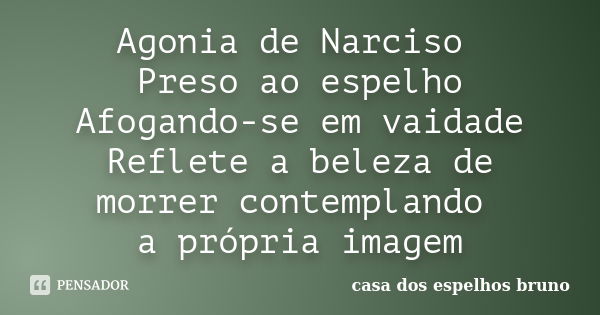 Agonia de Narciso Preso ao espelho Afogando-se em vaidade Reflete a beleza de morrer contemplando a própria imagem... Frase de casa dos espelhos bruno.