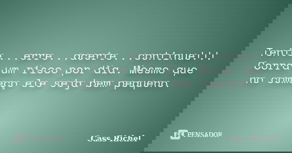 Tente...erre...acerte...continue!!! Corra um risco por dia. Mesmo que no começo ele seja bem pequeno.... Frase de Cass Richel.