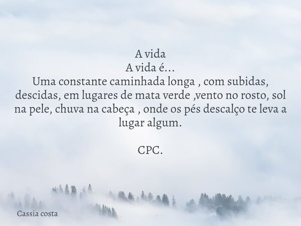 A vida A vida é... Uma constante caminhada longa , com subidas, descidas, em lugares de mata verde ,vento no rosto, sol na pele, chuva na cabeça , onde os pés d... Frase de Cassia costa.