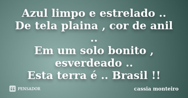 Azul limpo e estrelado .. De tela plaina , cor de anil .. Em um solo bonito , esverdeado .. Esta terra é .. Brasil !!... Frase de Cassia Monteiro.