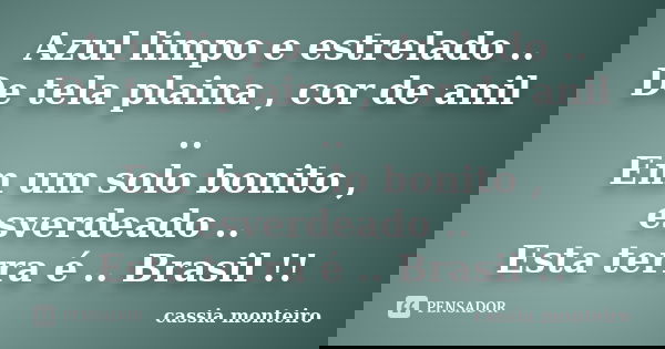 Azul limpo e estrelado .. De tela plaina , cor de anil .. Em um solo bonito , esverdeado .. Esta terra é .. Brasil !!... Frase de Cassia Monteiro.