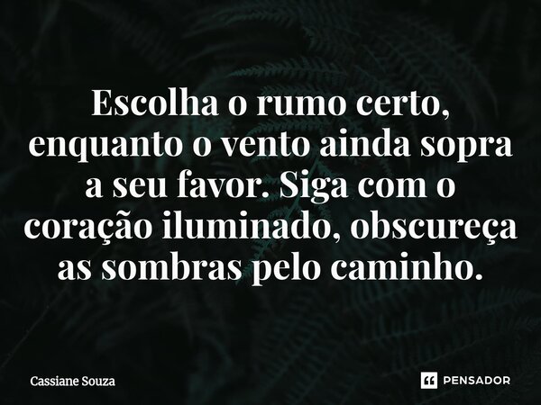 ⁠Escolha o rumo certo, enquanto o vento ainda sopra a seu favor. Siga com o coração iluminado, obscureça as sombras pelo caminho.... Frase de Cassiane Souza.