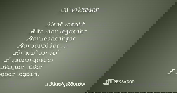 EU PÁSSARO Você sabiá Não sou cegonha Sou assanhaço Sou curióso... Eu mal-te-vi E quero-quero Beijar flor E papar capim.... Frase de Cássio Jônatas.
