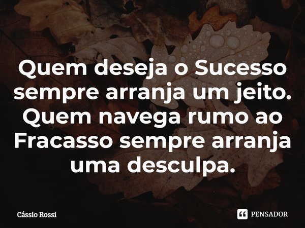 ⁠Quem deseja o Sucesso sempre arranja um jeito. Quem navega rumo ao Fracasso sempre arranja uma desculpa.... Frase de Cássio Rossi.