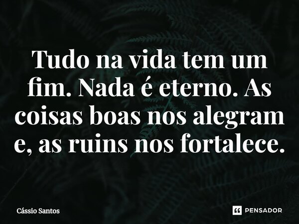 ⁠Tudo na vida tem um fim. Nada é eterno. As coisas boas nos alegram e, as ruins nos fortalece.... Frase de Cássio Santos.