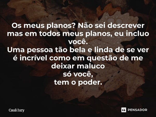 Os meus planos? Não sei descrever mas em todos meus planos, eu incluo você. Uma pessoa tão bela e linda de se ver é incrível como em questão de me deixar maluco... Frase de Cauã Iury.