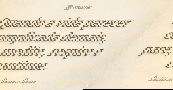 Quando a vida parecer complicada demais, pare, medite, respire e continue.... Frase de Cecília de Sousa e Sousa.