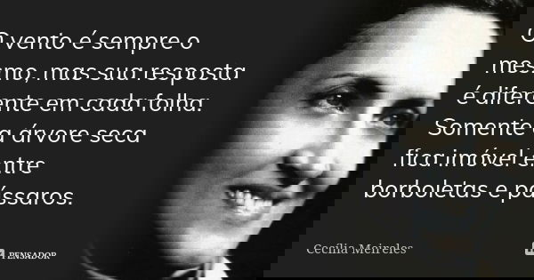 O vento é sempre o mesmo, mas sua resposta é diferente em cada folha. Somente a árvore seca fica imóvel entre borboletas e pássaros.... Frase de Cecilia Meireles.