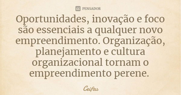 Oportunidades, inovação e foco são essenciais a qualquer novo empreendimento. Organização, planejamento e cultura organizacional tornam o empreendimento perene.... Frase de Ceifas.