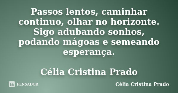 Passos lentos, caminhar continuo, olhar no horizonte. Sigo adubando sonhos, podando mágoas e semeando esperança. Célia Cristina Prado... Frase de Célia Cristina Prado.