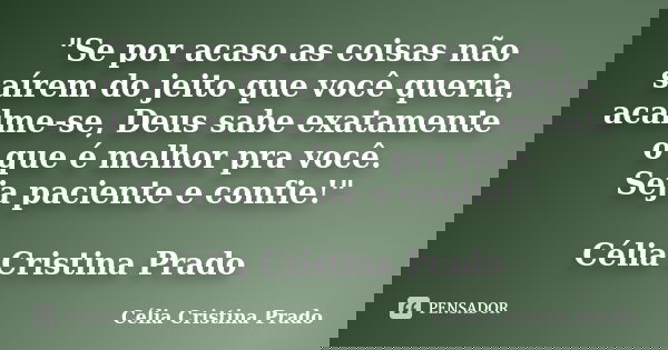 "Se por acaso as coisas não saírem do jeito que você queria, acalme-se, Deus sabe exatamente o que é melhor pra você. Seja paciente e confie!" Célia C... Frase de Célia Cristina Prado.