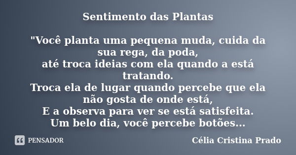 Sentimento das Plantas "Você planta uma pequena muda, cuida da sua rega, da poda, até troca ideias com ela quando a está tratando. Troca ela de lugar quand... Frase de Célia Cristina Prado.