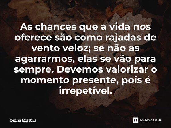 ⁠As chances que a vida nos oferece são como rajadas de vento veloz; se não as agarrarmos, elas se vão para sempre. Devemos valorizar o momento presente, pois é ... Frase de Celina Missura.