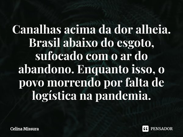 ⁠Canalhas acima da dor alheia. Brasil abaixo do esgoto, sufocado com o ar do abandono. Enquanto isso, o povo morrendo por falta de logística na pandemia.... Frase de Celina Missura.