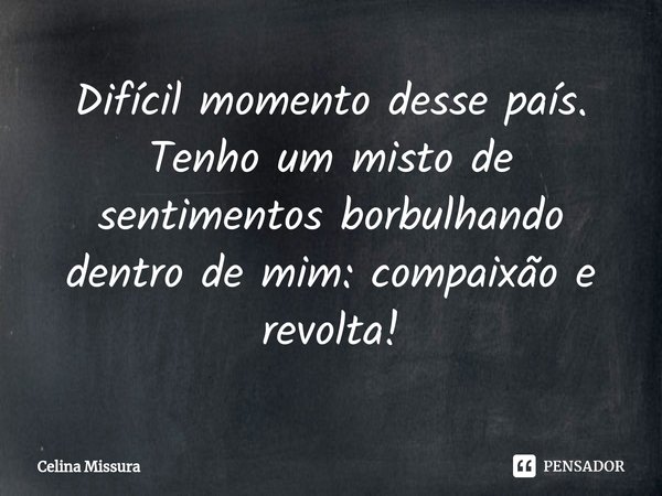 ⁠Difícil momento desse país. Tenho um misto de sentimentos borbulhando dentro de mim: compaixão e revolta!... Frase de Celina Missura.
