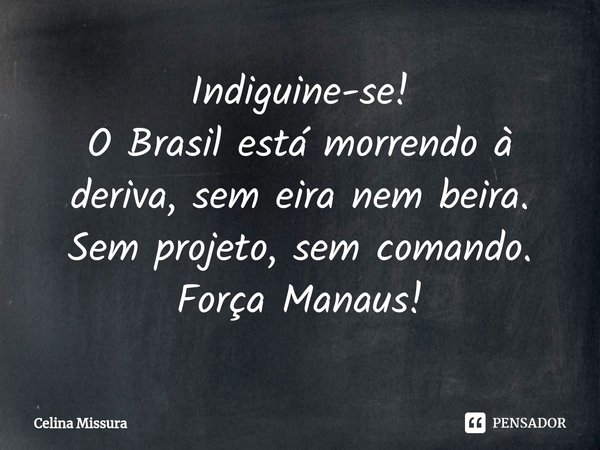 ⁠Indiguine-se!
O Brasil está morrendo à deriva, sem eira nem beira. Sem projeto, sem comando.
Força Manaus!... Frase de Celina Missura.