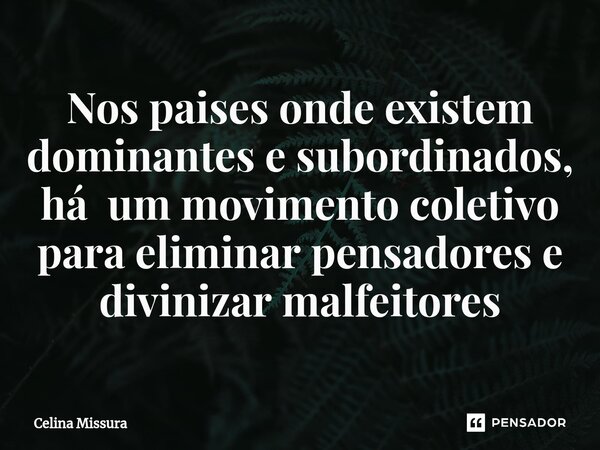 ⁠Nos paises onde existem dominantes e subordinados, há um movimento coletivo para eliminar pensadores e divinizar malfeitores... Frase de Celina Missura.