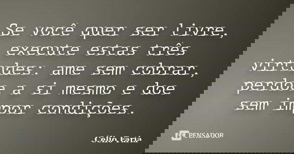 Se você quer ser livre, execute estas três virtudes: ame sem cobrar, perdoe a si mesmo e doe sem impor condições.... Frase de Célio Faria.