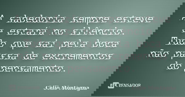 A sabedoria sempre esteve e estará no silêncio. Tudo que sai pela boca não passa de excrementos do pensamento.... Frase de Célio Montagna.