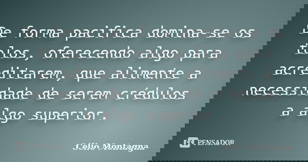 De forma pacifica domina-se os tolos, oferecendo algo para acreditarem, que alimente a necessidade de serem crédulos a algo superior.... Frase de Célio Montagna.