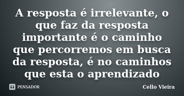 A resposta é irrelevante, o que faz da resposta importante é o caminho que percorremos em busca da resposta, é no caminhos que esta o aprendizado... Frase de Cello Vieira.