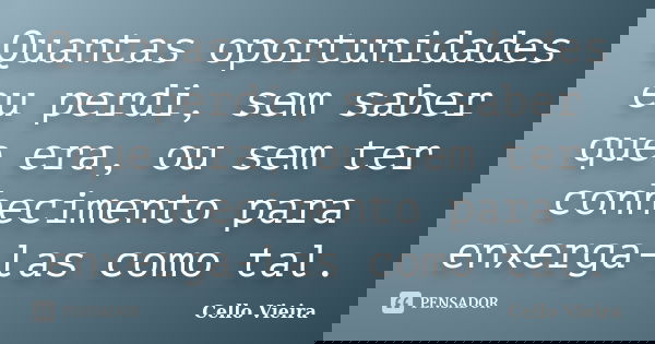 Quantas oportunidades eu perdi, sem saber que era, ou sem ter conhecimento para enxerga-las como tal.... Frase de Cello Vieira.