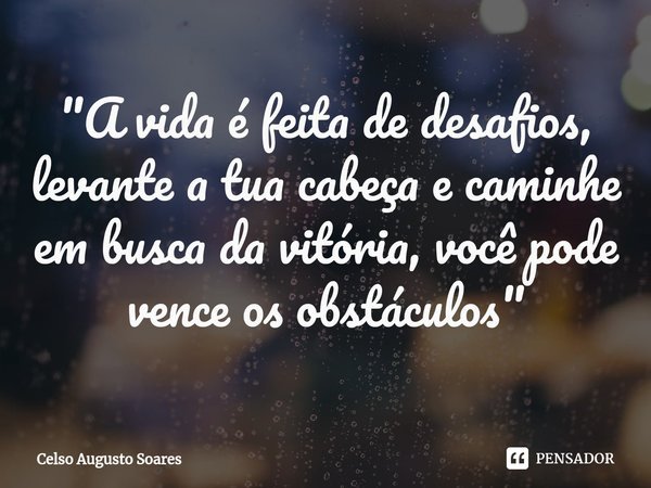⁠ "A vida é feita de desafios, levante a tua cabeça e caminhe em busca da vitória, você pode vence os obstáculos"... Frase de Celso Augusto Soares.