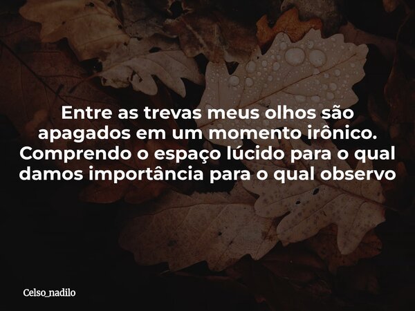 Entre as trevas meus olhos são apagados em um momento irônico. Comprendo o espaço lúcido para o qual damos importância para o qual observo... Frase de celso_nadilo.