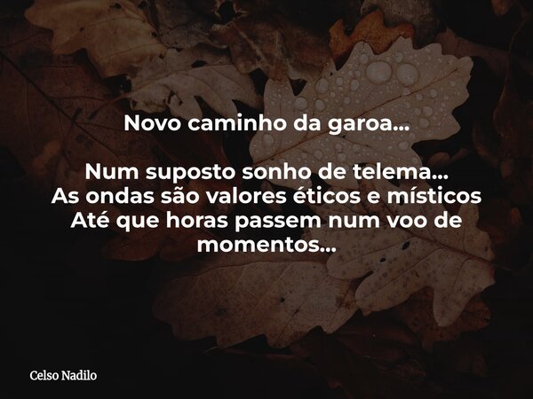 Novo caminho da garoa... Num suposto sonho de telema... As ondas são valores éticos e místicos Até que horas passem num voo de momentos...... Frase de Celso Nadilo.