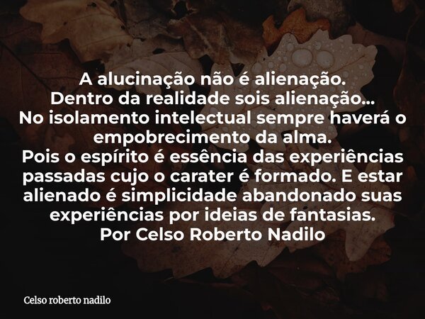 A alucinação não é alienação. Dentro da realidade sois alienação... No isolamento intelectual sempre haverá o empobrecimento da alma. Pois o espírito é essência... Frase de Celso roberto nadilo.