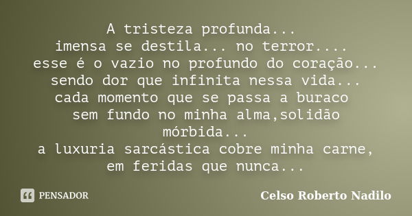 A tristeza profunda... imensa se destila... no terror.... esse é o vazio no profundo do coração... sendo dor que infinita nessa vida... cada momento que se pass... Frase de celso roberto nadilo.