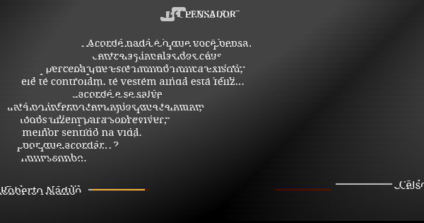 Acorde nada é o que você pensa... entre as janelas dos céus perceba que este mundo nunca existiu, ele te controlam, te vestem ainda está feliz... acorde e se sa... Frase de Celso Roberto Nadilo.