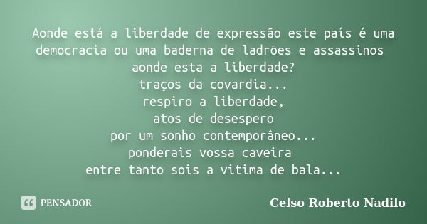 Aonde está a liberdade de expressão este país é uma democracia ou uma baderna de ladrões e assassinos aonde esta a liberdade? traços da covardia... respiro a li... Frase de celso roberto nadilo.