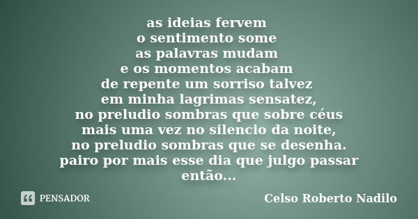 as ideias fervem o sentimento some as palavras mudam e os momentos acabam de repente um sorriso talvez em minha lagrimas sensatez, no preludio sombras que sobre... Frase de Celso Roberto Nadilo.