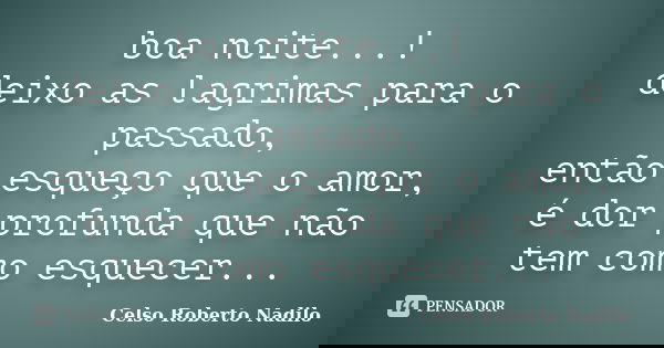 boa noite...! deixo as lagrimas para o passado, então esqueço que o amor, é dor profunda que não tem como esquecer...... Frase de celso roberto nadilo.