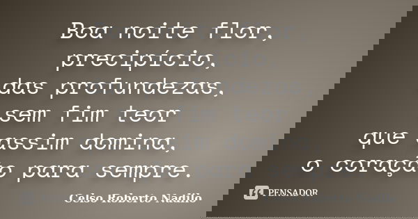 Boa noite flor, precipício, das profundezas, sem fim teor que assim domina, o coração para sempre.... Frase de celso roberto nadilo.