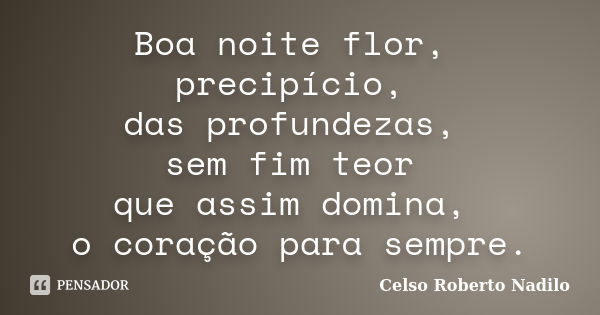 Boa noite flor, precipício, das profundezas, sem fim teor que assim domina, o coração para sempre.... Frase de celso roberto nadilo.