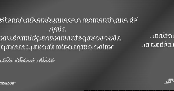 Brando dia enlouquece o momento que há vejo... noite mau dormida pensamentos que se vão... no ador do querer...que domina corpo e alma.... Frase de Celso Roberto Nadilo.