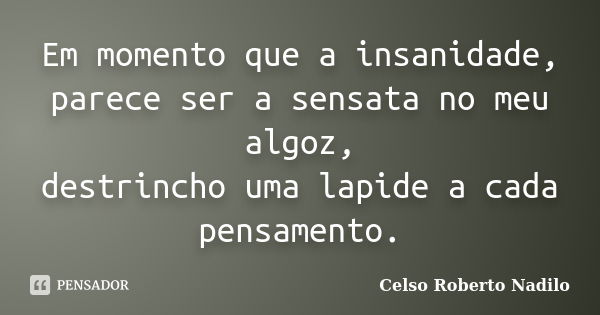 Em momento que a insanidade, parece ser a sensata no meu algoz, destrincho uma lapide a cada pensamento.... Frase de celso roberto nadilo.