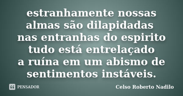 estranhamente nossas almas são dilapidadas nas entranhas do espirito tudo está entrelaçado a ruína em um abismo de sentimentos instáveis.... Frase de celso roberto nadilo.