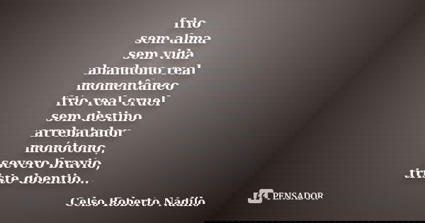 frio sem alma sem vida abandono real momentâneo frio real cruel sem destino arrebatador monótono, severo bravio, triste doentio...... Frase de celso roberto nadilo.