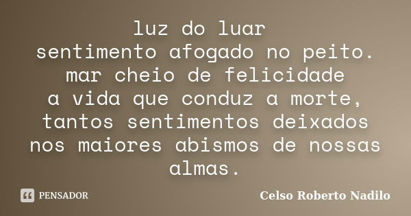 luz do luar sentimento afogado no peito. mar cheio de felicidade a vida que conduz a morte, tantos sentimentos deixados nos maiores abismos de nossas almas.... Frase de celso roberto nadilo.