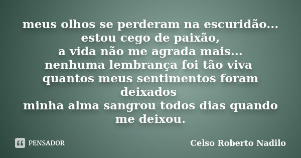 meus olhos se perderam na escuridão... estou cego de paixão, a vida não me agrada mais... nenhuma lembrança foi tão viva quantos meus sentimentos foram deixados... Frase de celso roberto nadilo.