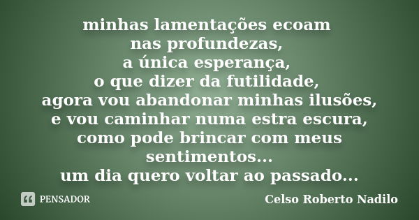 minhas lamentações ecoam nas profundezas, a única esperança, o que dizer da futilidade, agora vou abandonar minhas ilusões, e vou caminhar numa estra escura, co... Frase de celso roberto nadilo.