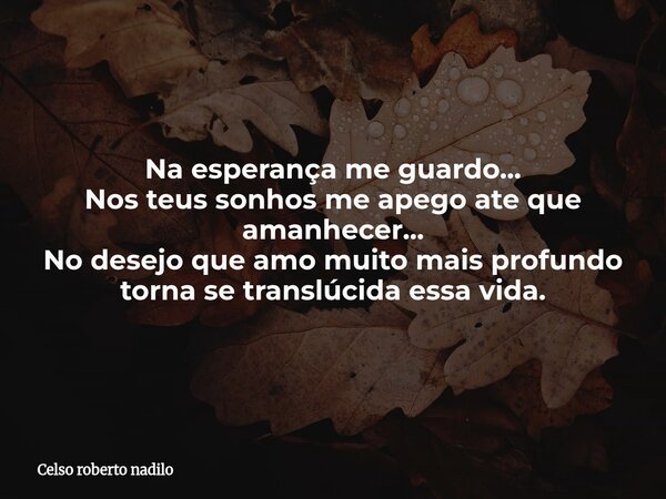 Na esperança me guardo... Nos teus sonhos me apego ate que amanhecer... No desejo que amo muito mais profundo torna se translúcida essa vida.... Frase de Celso roberto nadilo.
