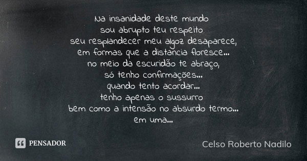 Na insanidade deste mundo sou abrupto teu respeito seu resplandecer meu algoz desaparece, em formas que a distancia floresce... no meio da escuridão te abraço, ... Frase de celso roberto nadilo.