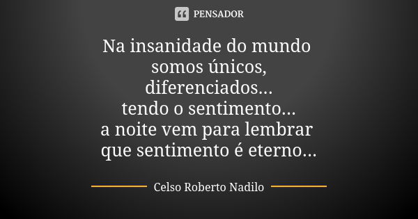 Na insanidade do mundo somos únicos, diferenciados... tendo o sentimento... a noite vem para lembrar que sentimento é eterno...... Frase de celso roberto nadilo.