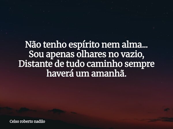 Não tenho espírito nem alma... Sou apenas olhares no vazio, Distante de tudo caminho sempre haverá um amanhã.... Frase de Celso roberto nadilo.
